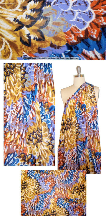 NY designer feathery fluff silk jersey - rust/periwinkle