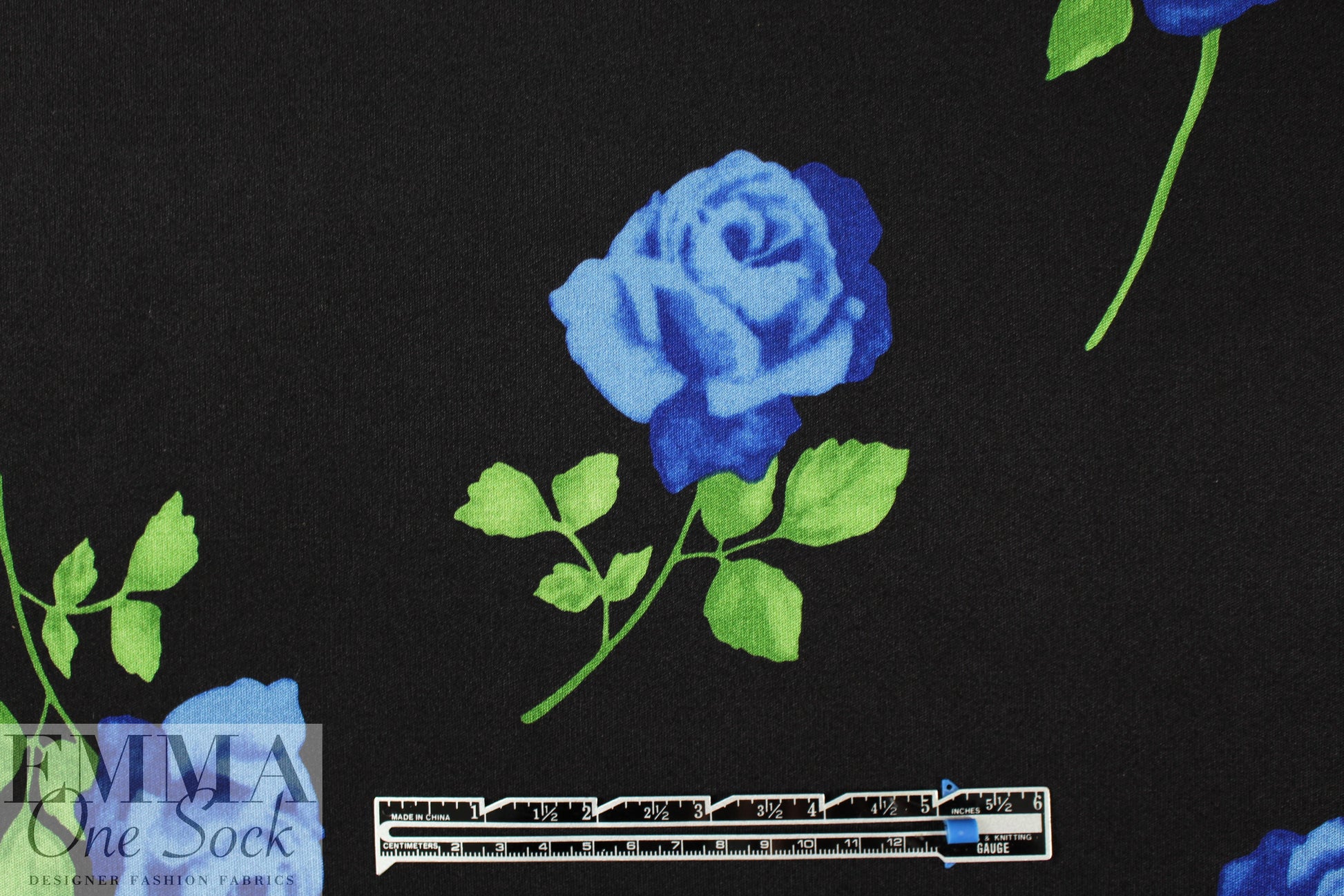 NY designer blue rose floral silk jersey