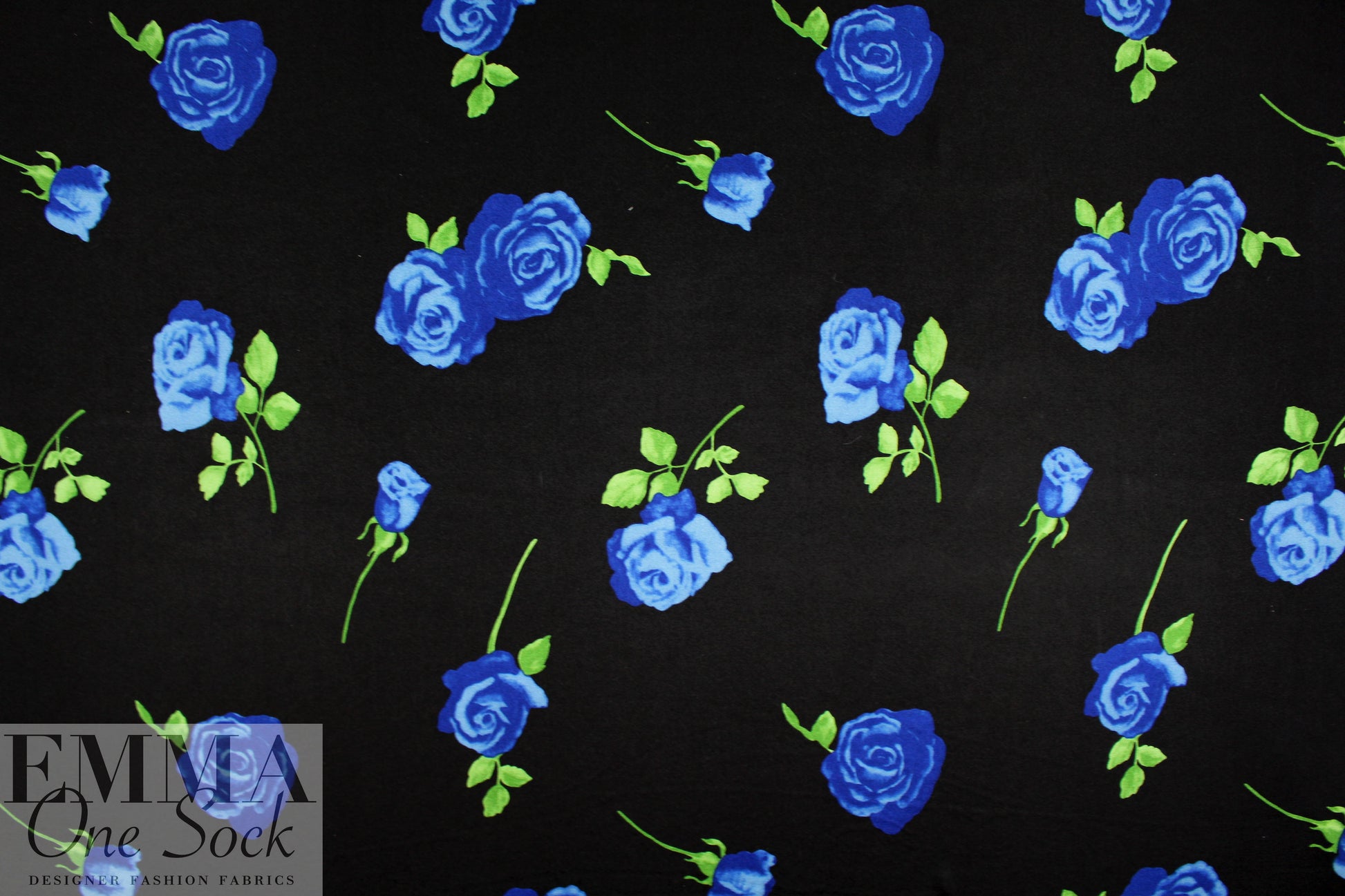 NY designer blue rose floral silk jersey