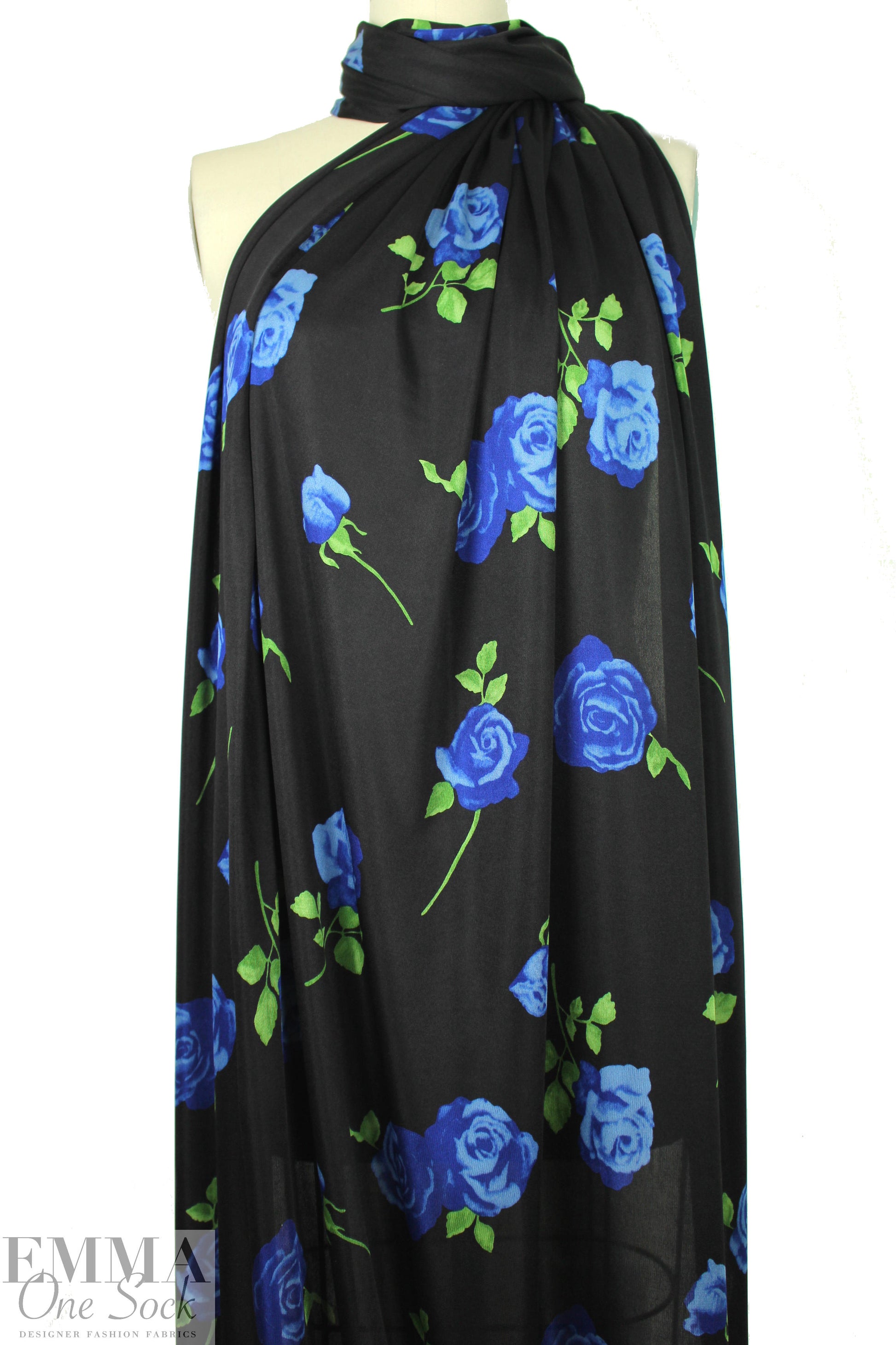 NY designer blue rose floral silk jersey
