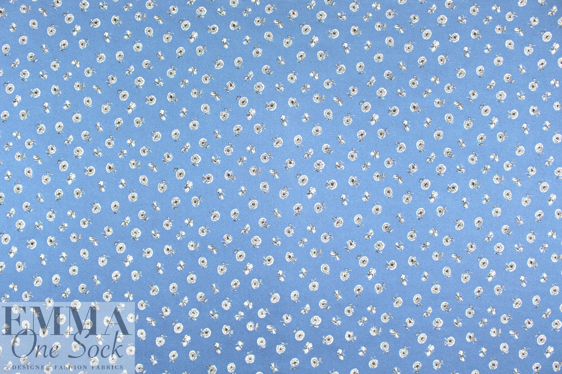 NY designer b/w on blue little floral silk jersey