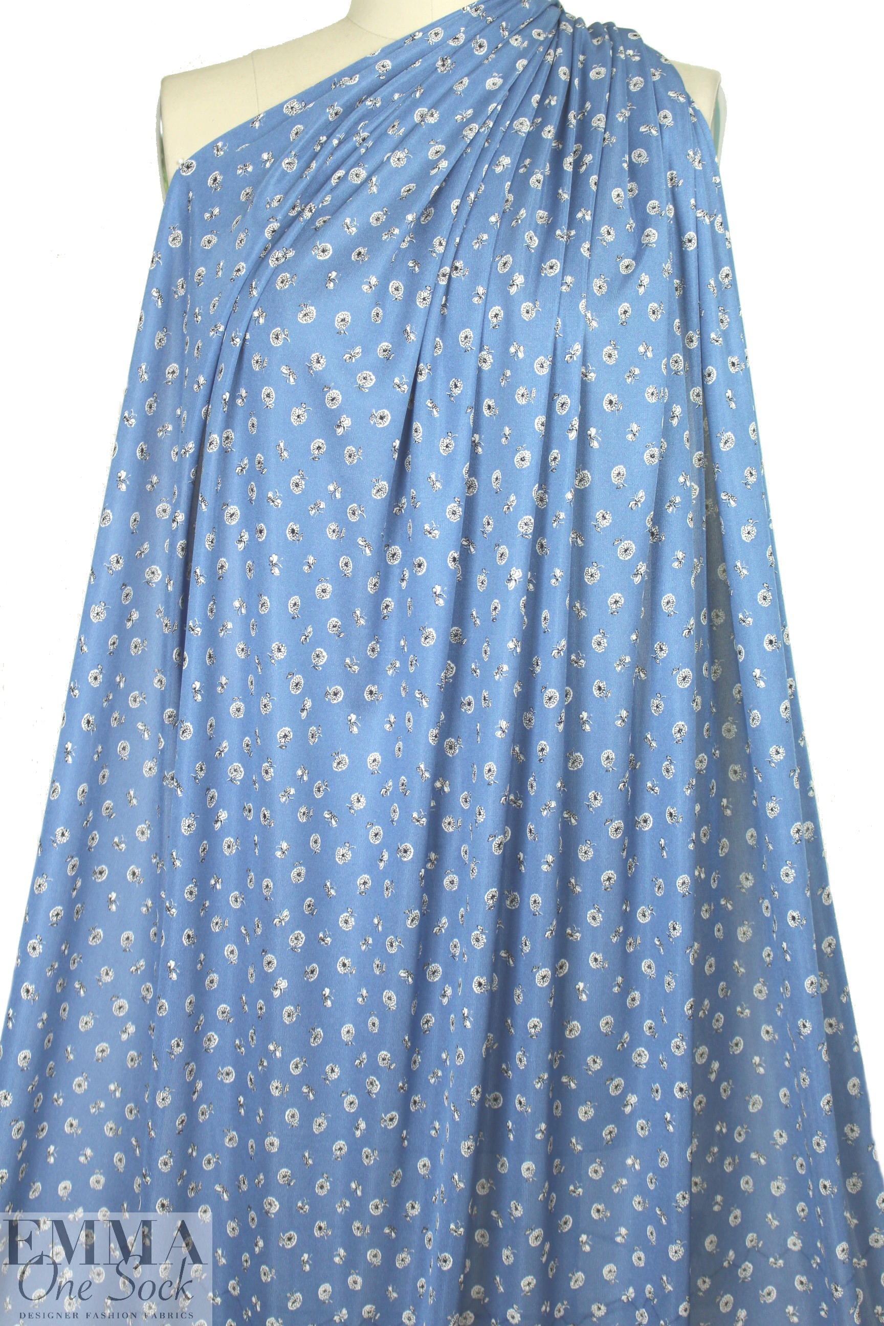 NY designer b/w on blue little floral silk jersey