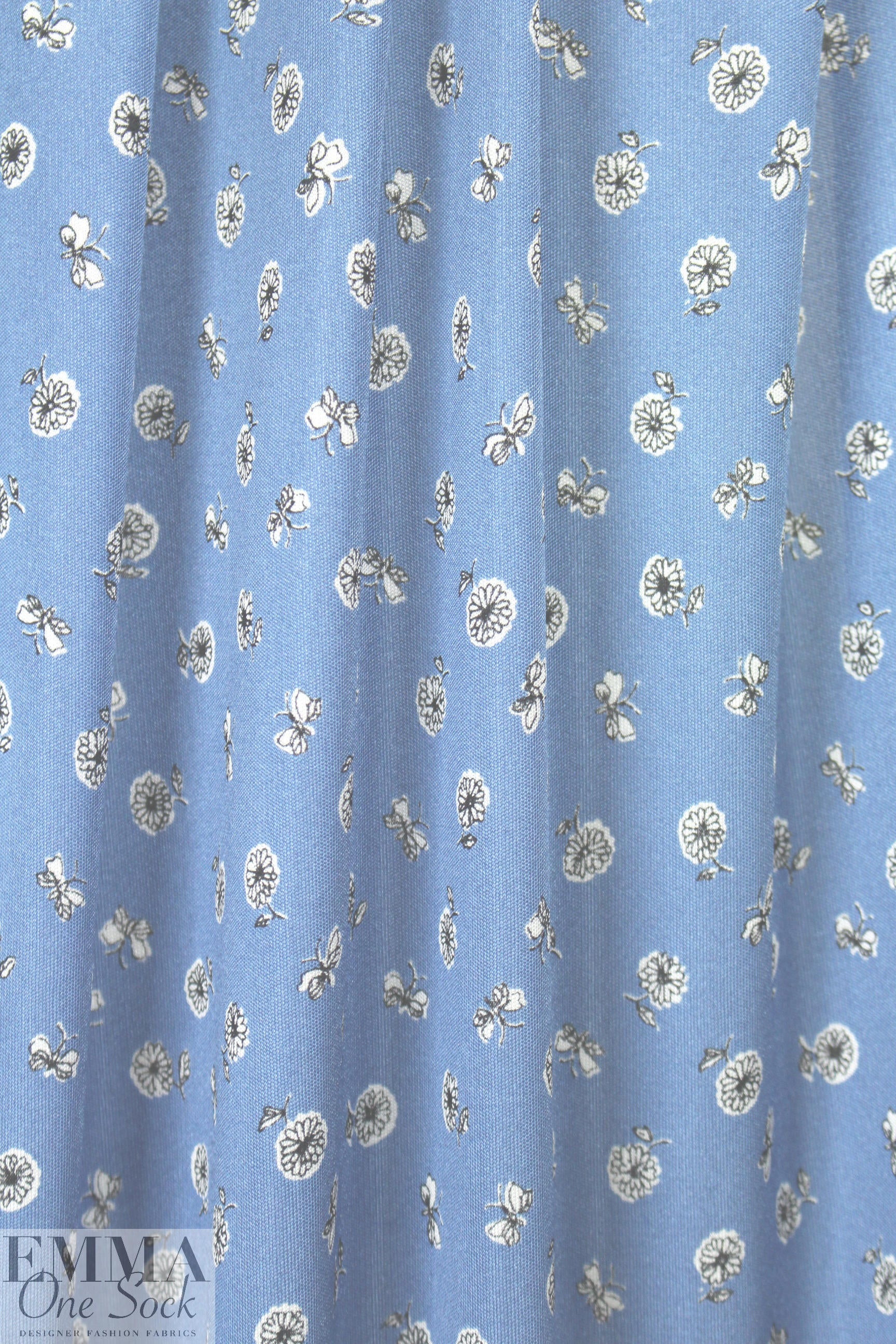 NY designer b/w on blue little floral silk jersey