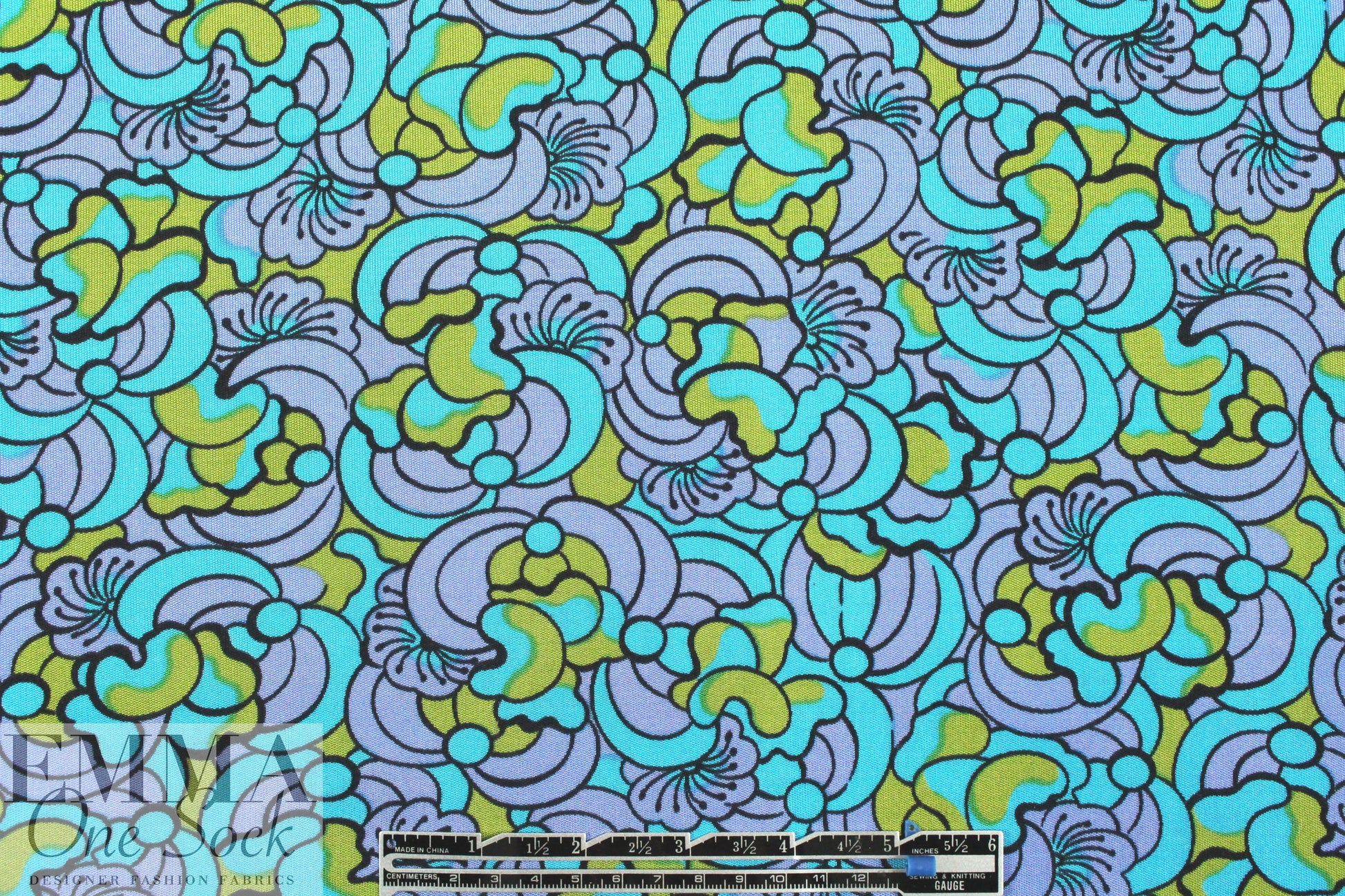 NY designer silk jersey - turq/lav mod flower