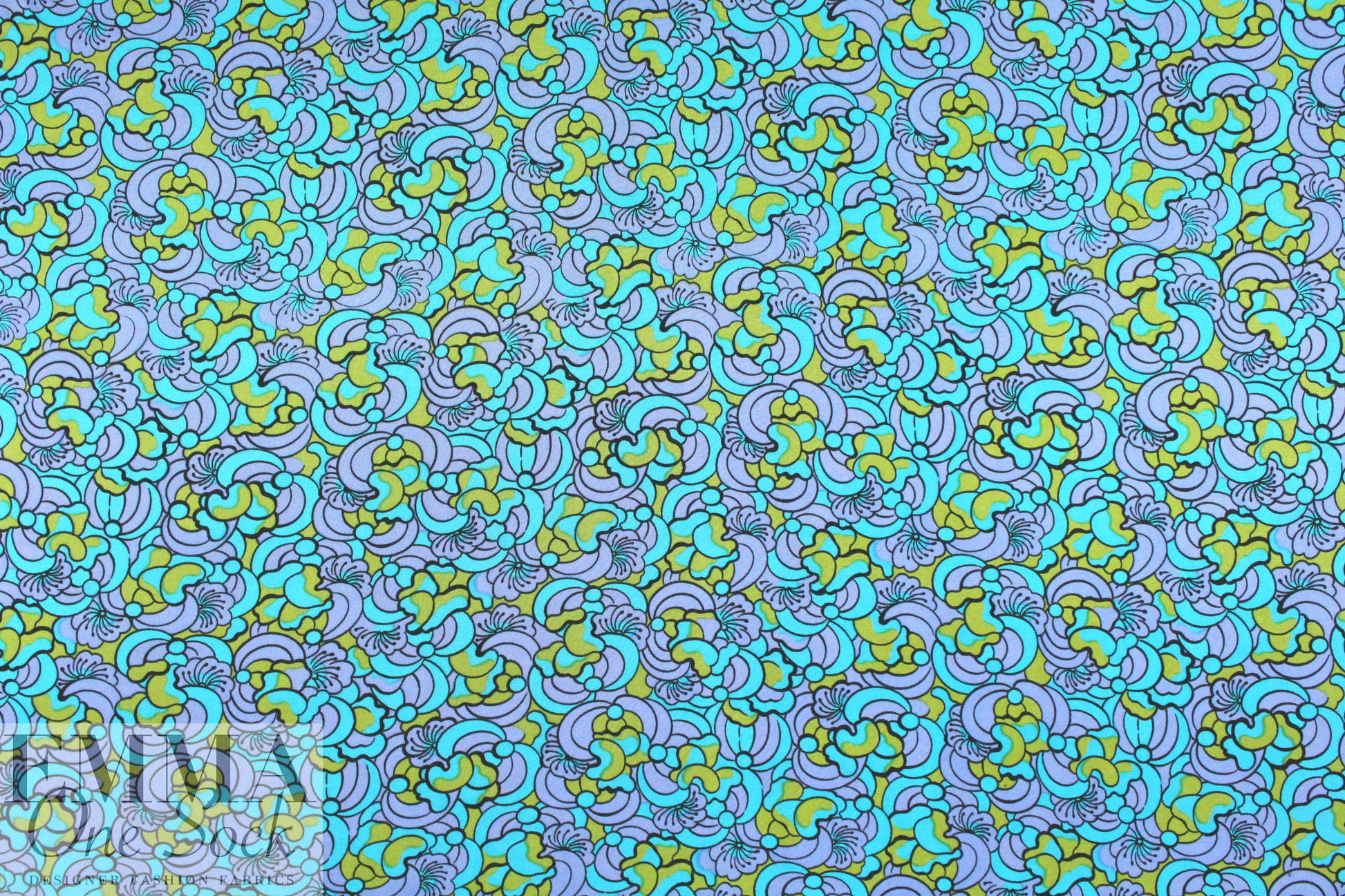NY designer silk jersey - turq/lav mod flower