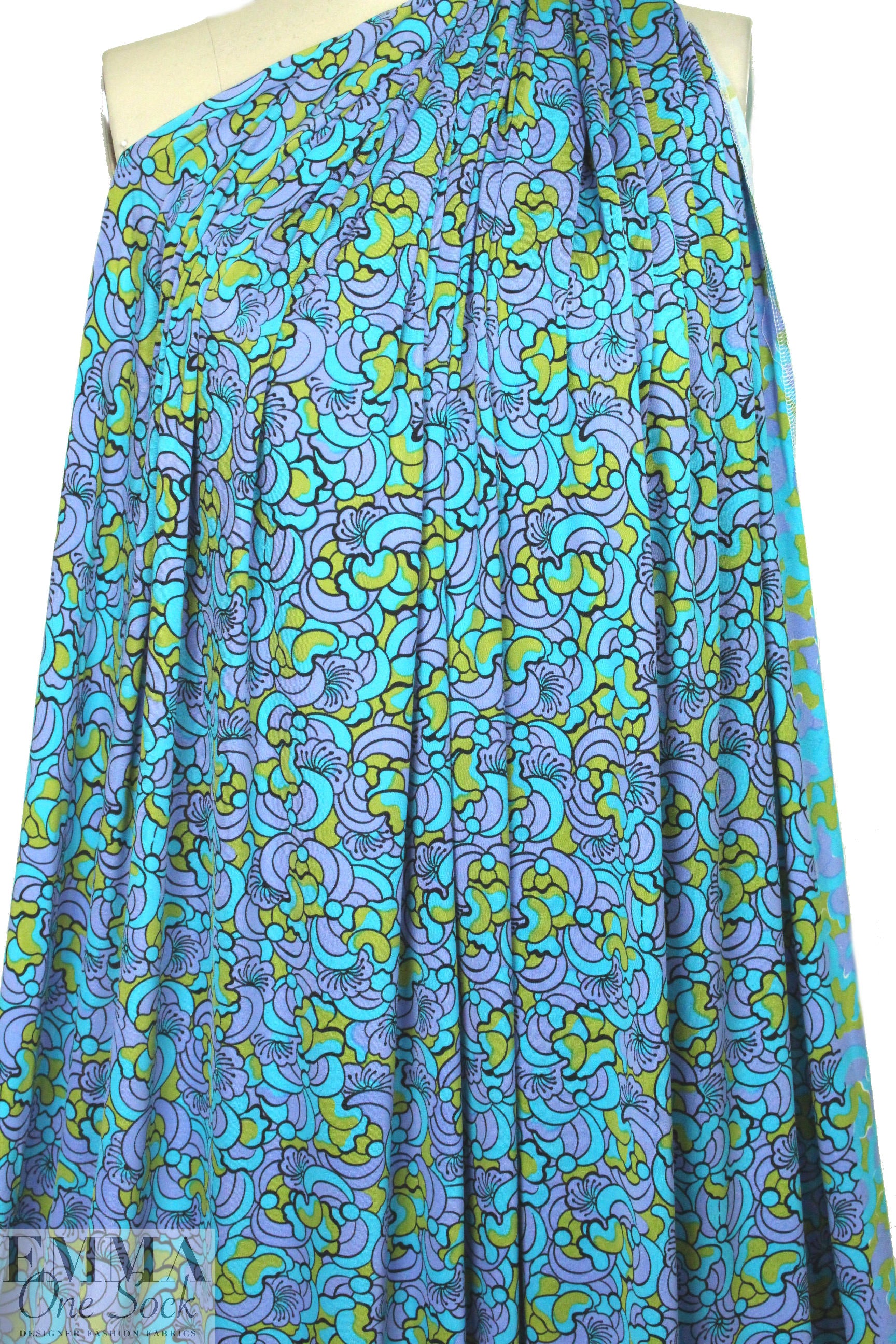 NY designer silk jersey - turq/lav mod flower