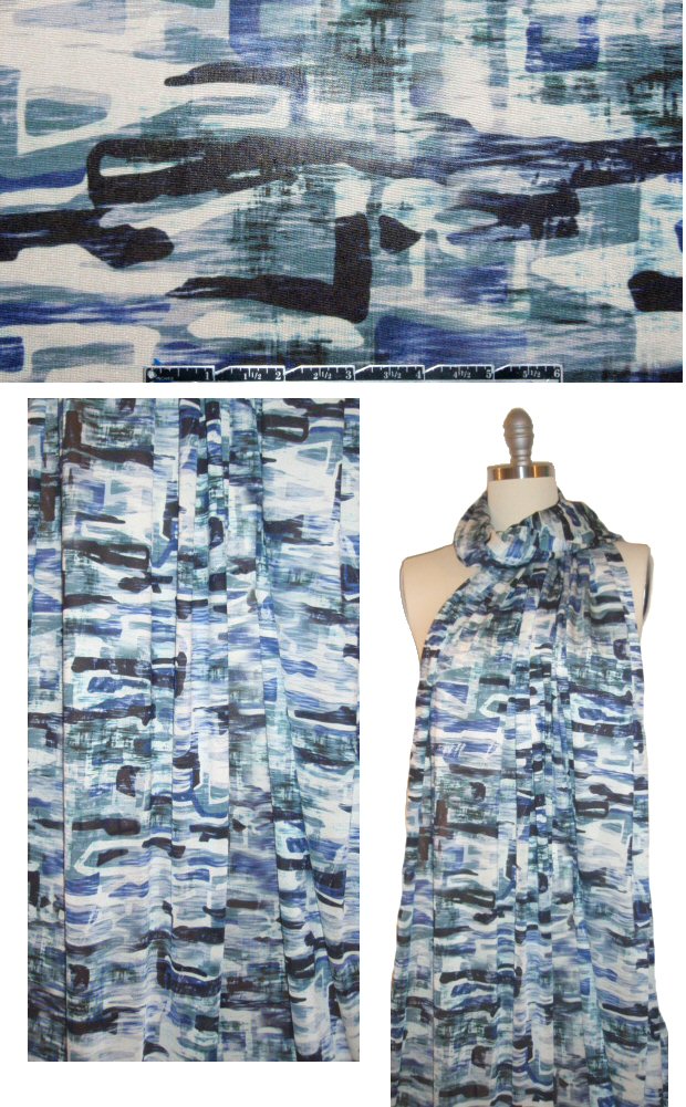 NY designer dusty denim tones abstract silk jersey