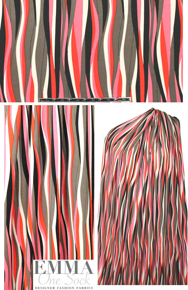 NY designer red/mocha waves graphic silk jersey