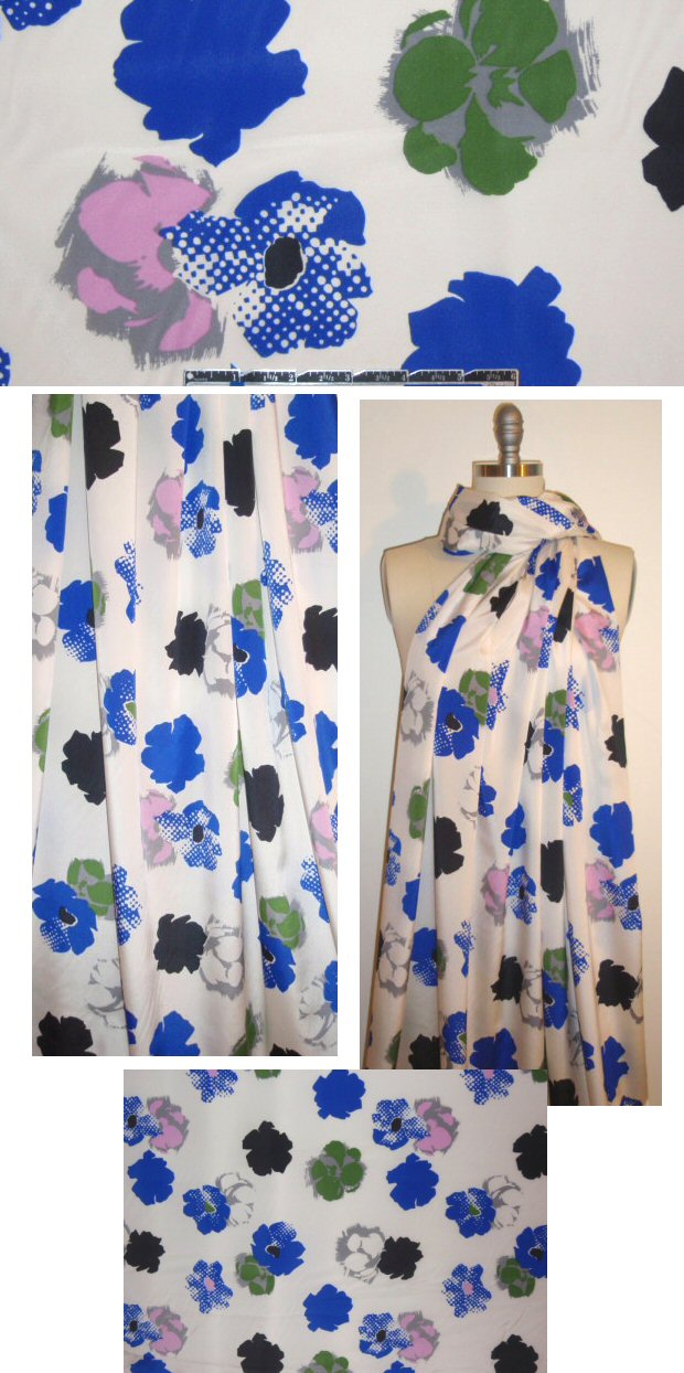 DKNY stylized floral silk/lycra - blue/pink/cream 1.75 yds