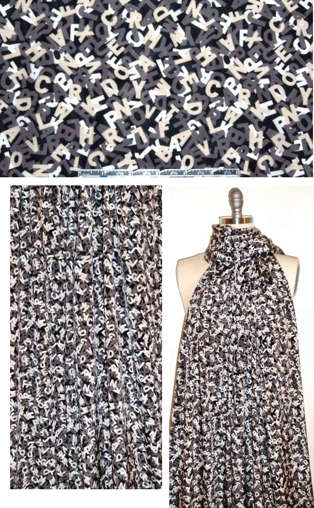 DKNY alphabet soup silk/lycra - black/gray/khaki 1.5 yd