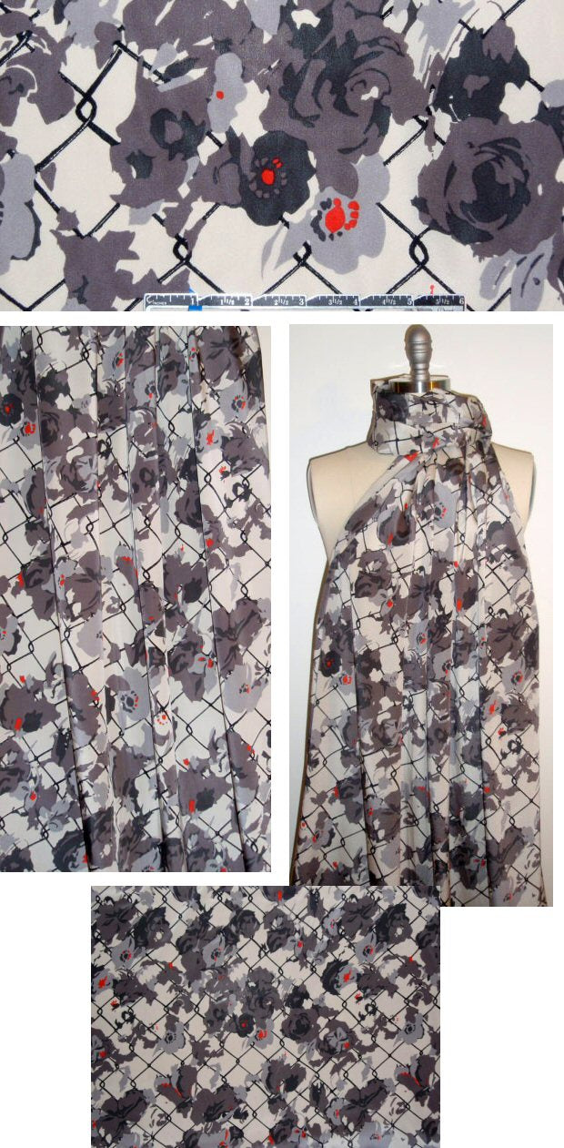 DKNY chain link floral silk/lycra - ecru/gray/red
