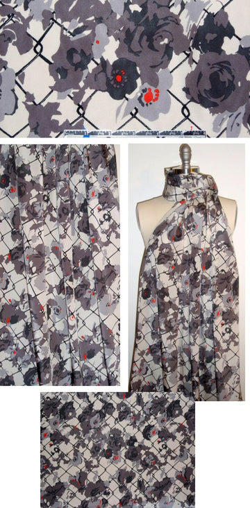 DKNY chain link floral silk/lycra - ecru/gray/red