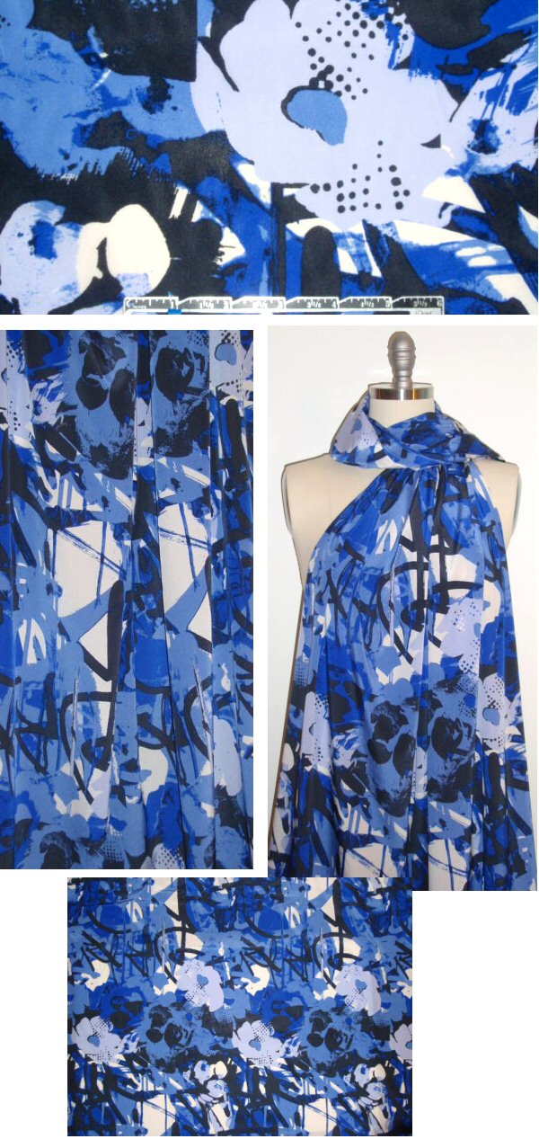 DKNY stylized floral silk/lycra - blues/black 1.75 yd