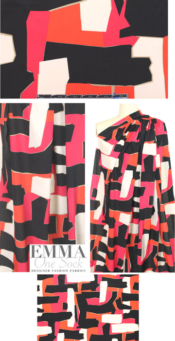 NY designer red/pink/black/ivory graphic stretch silk