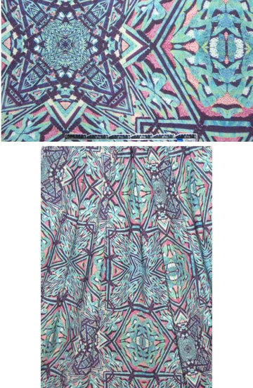 NY designer aqua/pink graphic silk/lycra charmeuse 2 yd