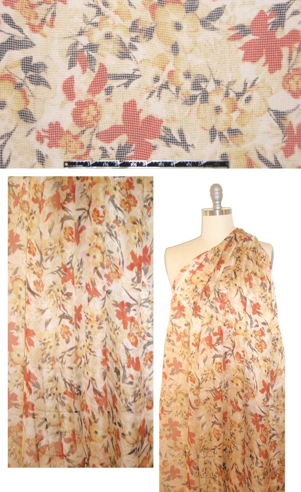 Italian printed silk basketweave mesh - maize floral 1.5 yd