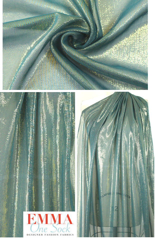 NY designer teal/gold metallic stretch silk sheer