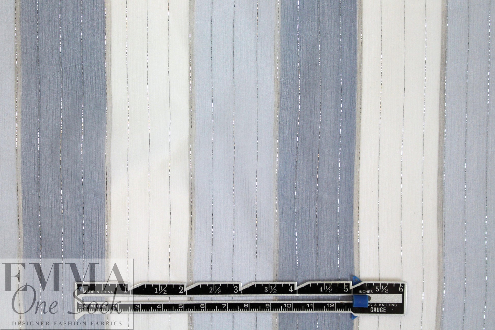 NY designer silk chiffon, dusty blues/silver metallic