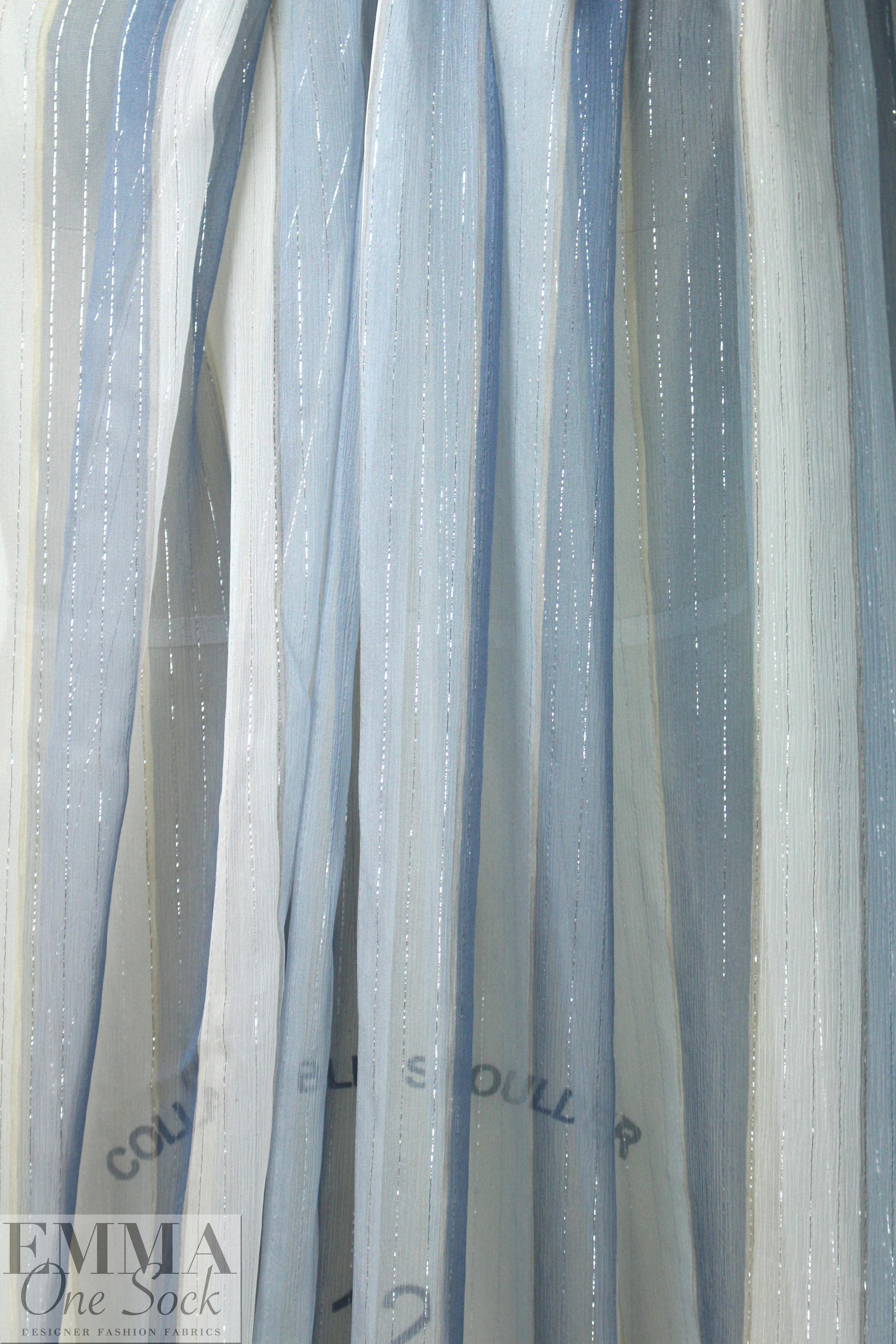 NY designer silk chiffon, dusty blues/silver metallic 1 yard