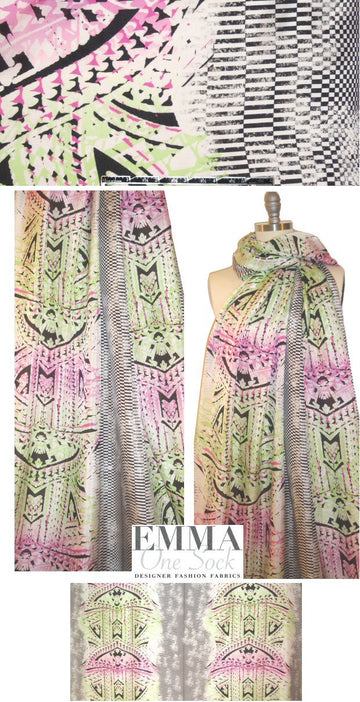 Mi11y pink/lime totem motif silk blouseweight 1.375 yd