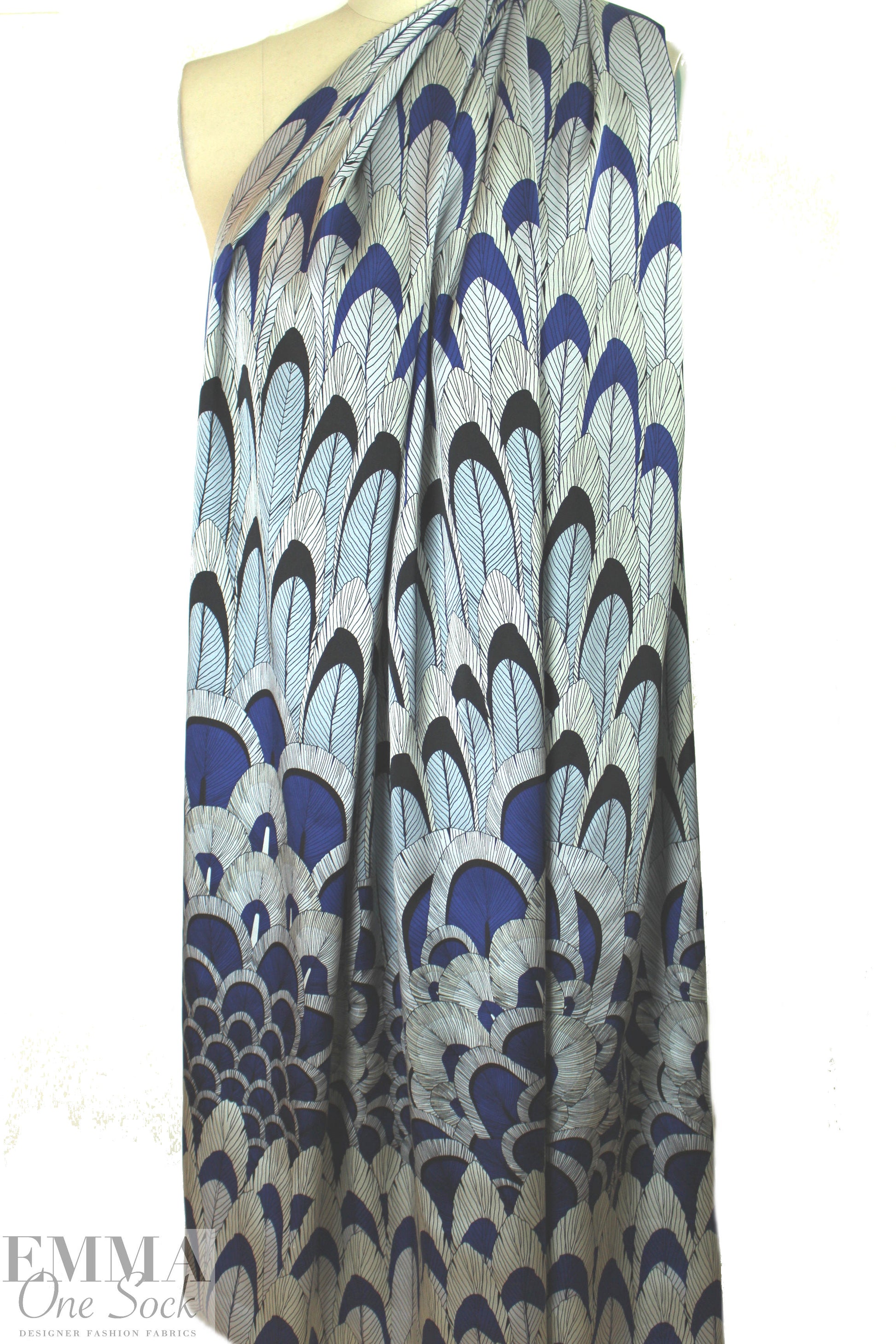 Italian feathered scallop border print silk stretch woven 2 yds