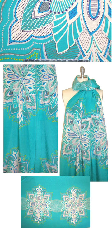 Italian viridian/sky medallion panel silk woven 1 PANEL