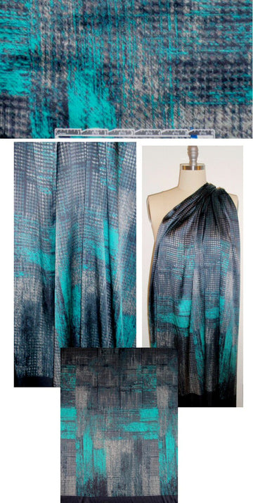 NY designer turq/gray panel stretch silk charmeuse 1.1 yds MINOR FLAW