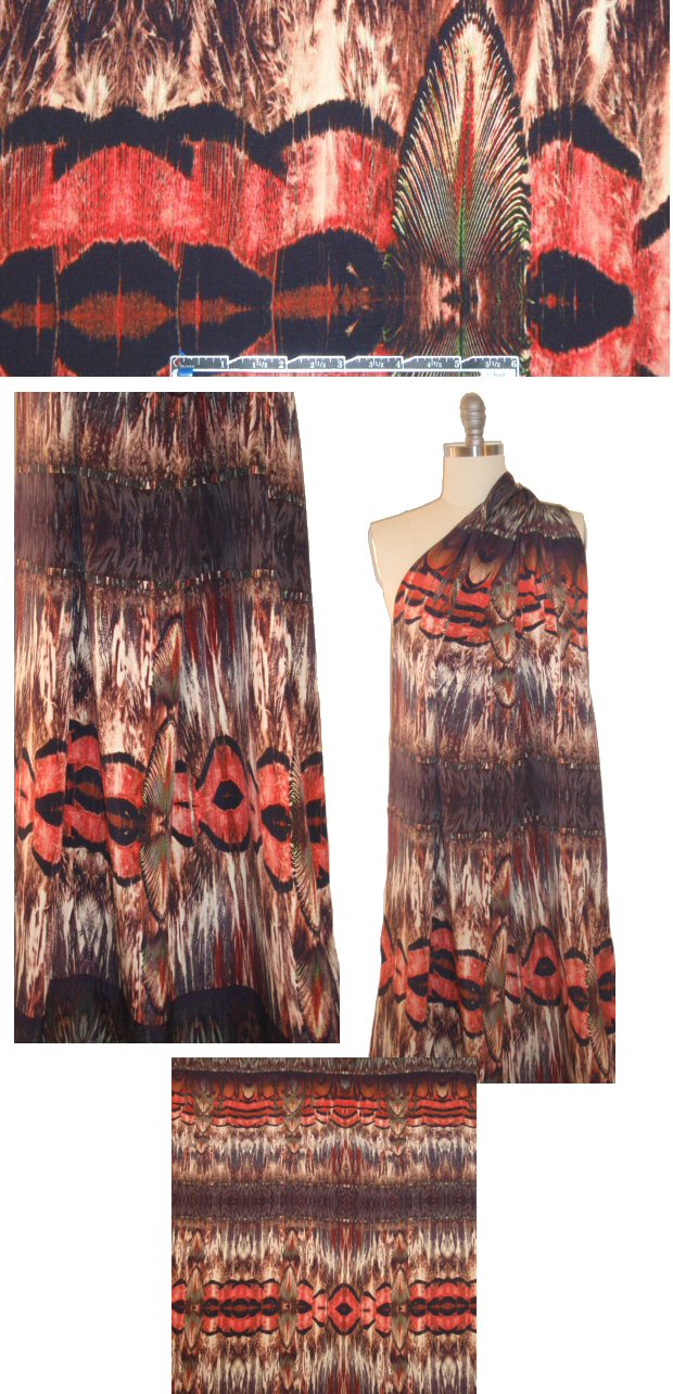 NY designer feather totem motif panel brushed silk