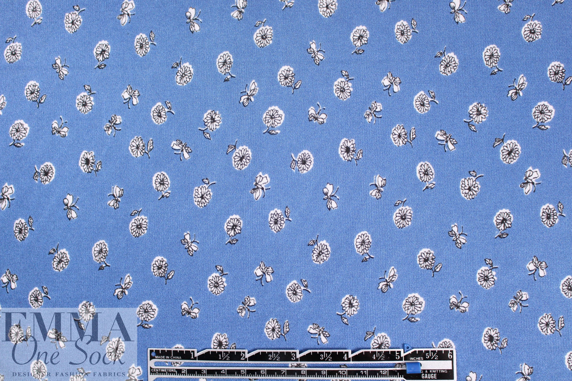NY designer b/w on blue little floral silk jersey
