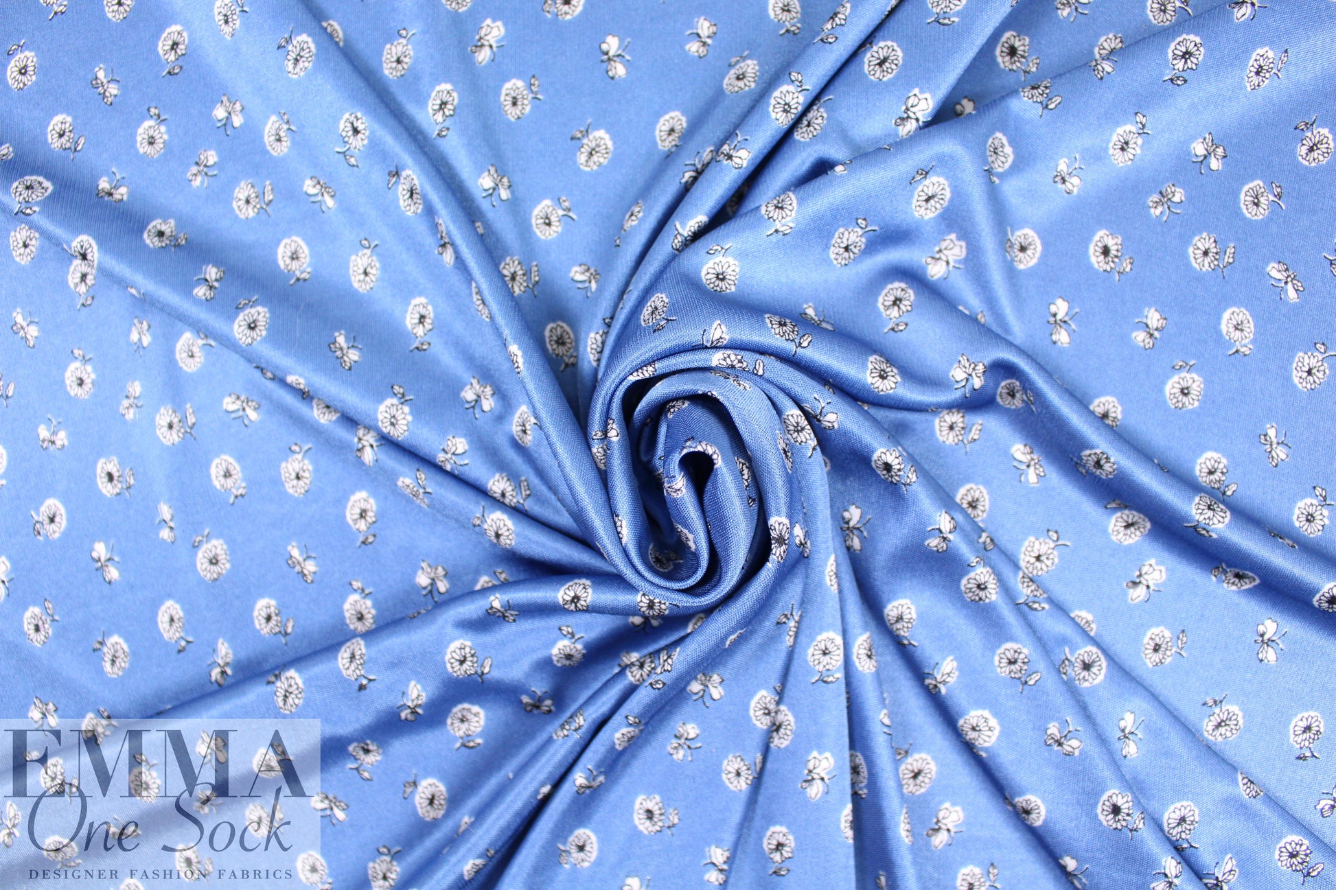 NY designer b/w on blue little floral silk jersey