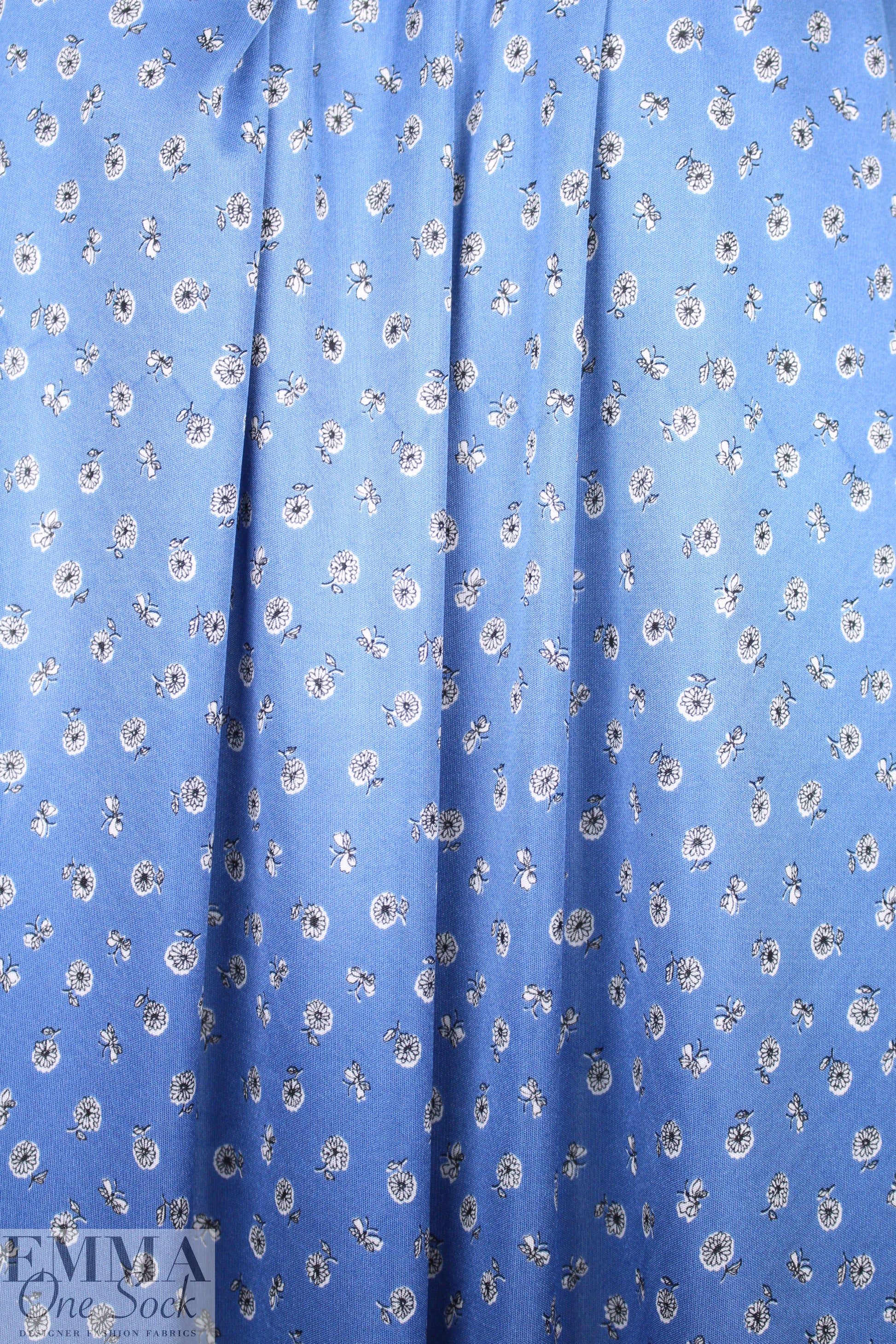 NY designer b/w on blue little floral silk jersey