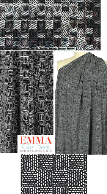 designer white on black dashy graphic stretch silk 1.25 yds