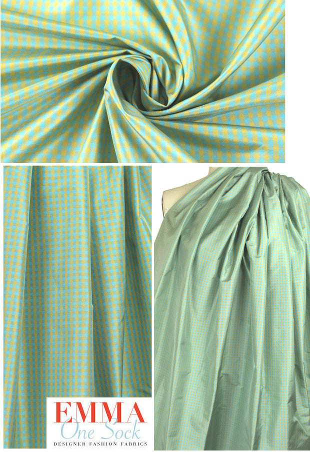 NY designer sky/gold gingham check silk taffeta