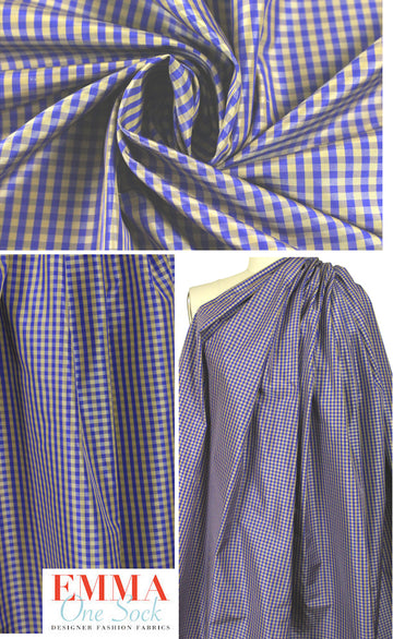NY designer indigo/olive gingham check silk taffeta 1.5 yd