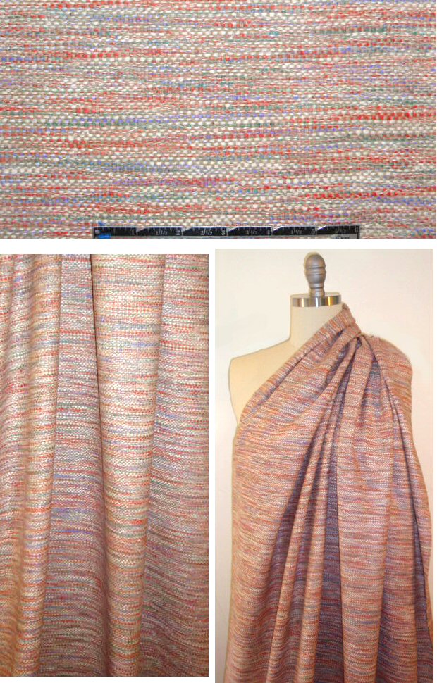 100% silk suiting - coral red/periwinkle/khaki tweed