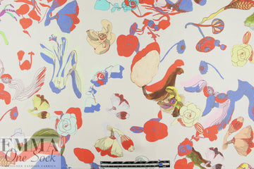 Italian surreal flowers border print silk twill