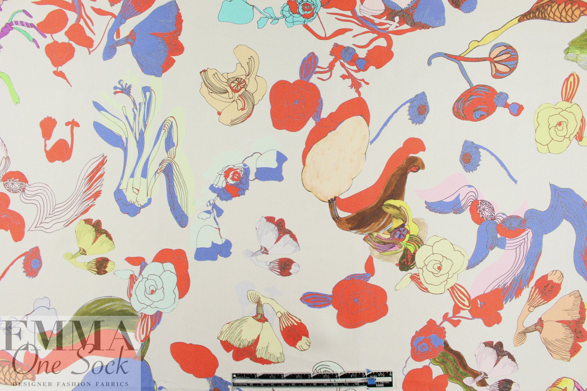 Italian surreal flowers border print silk twill .5 yds