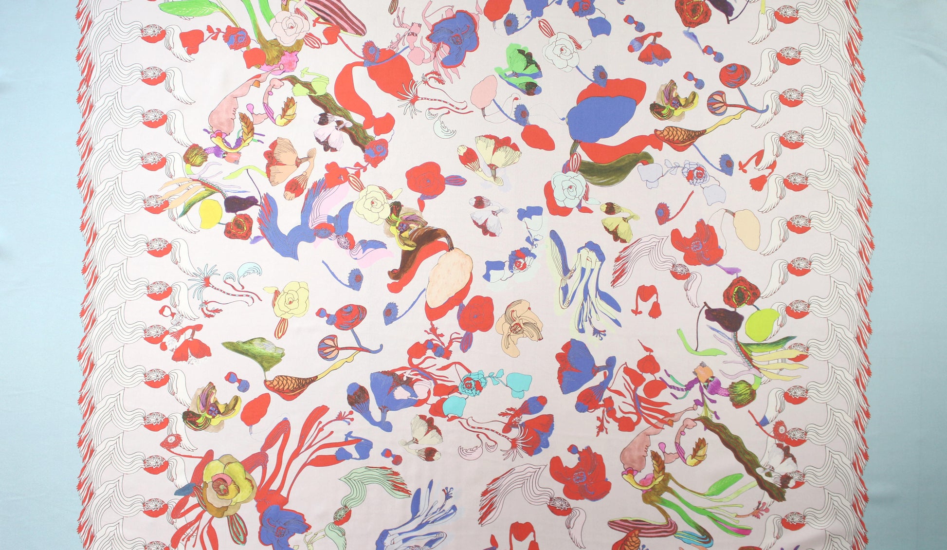 Italian surreal flowers border print silk twill