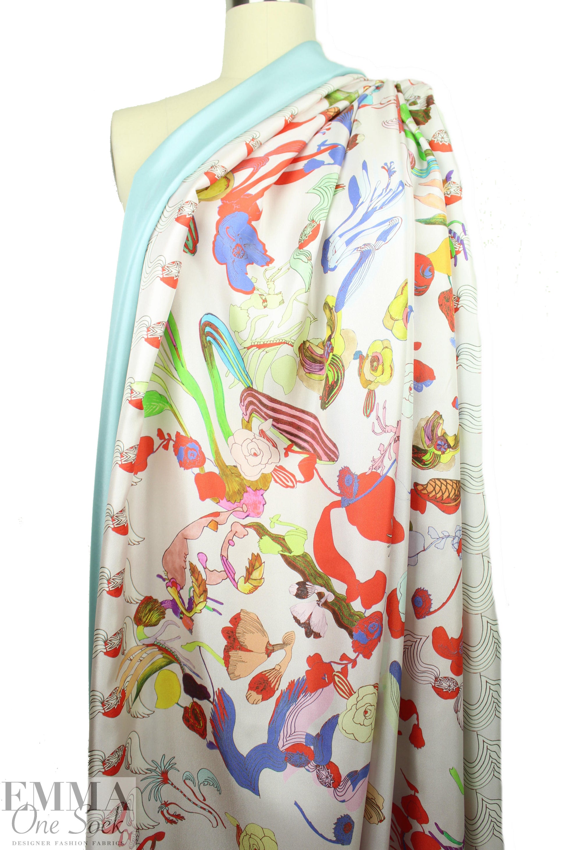 Italian surreal flowers border print silk twill
