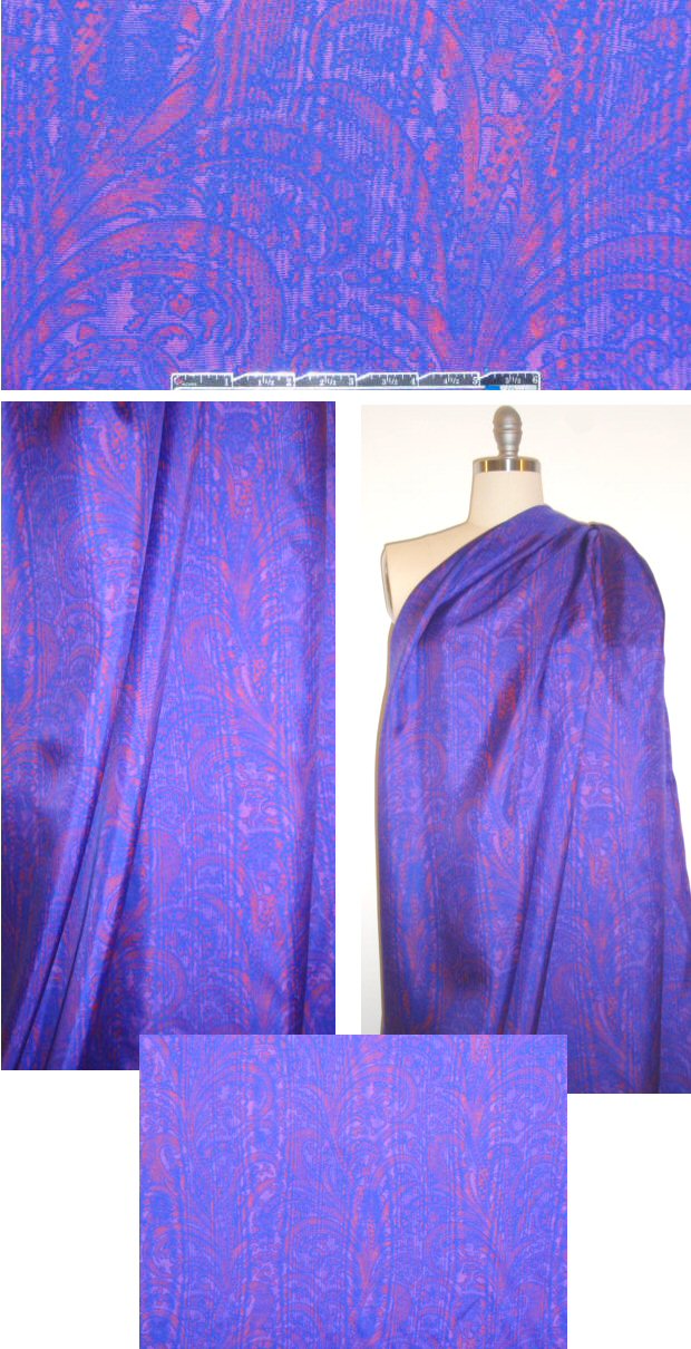 Italian royal purple/coral woodgrain swirl silk twill 2.125 yd