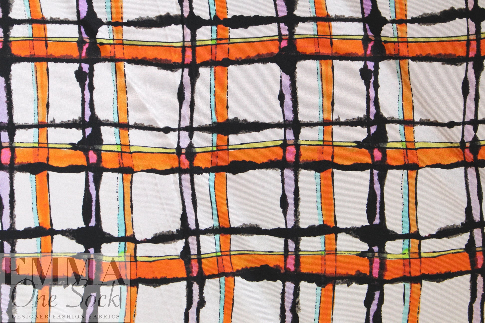 Italian edgy tangerine plaid print silk twill 1 yard