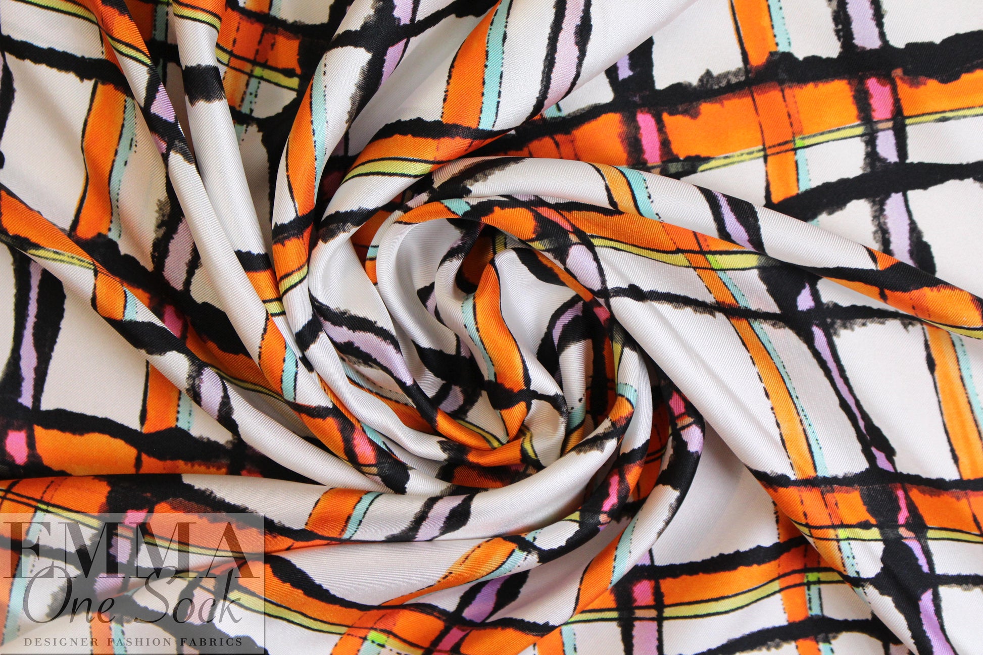 Italian edgy tangerine plaid print silk twill 1 yard