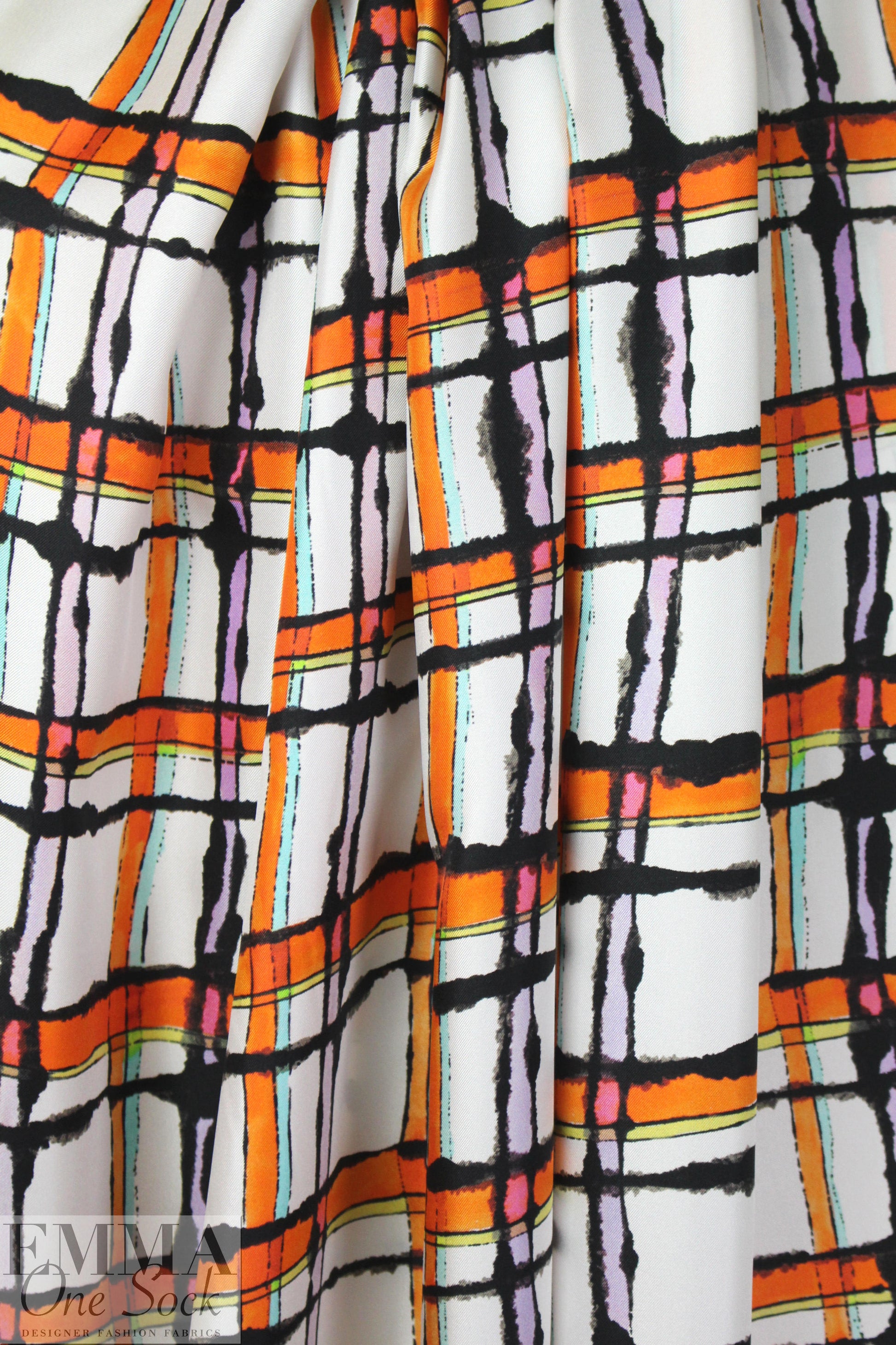 Italian edgy tangerine plaid print silk twill 1 yard
