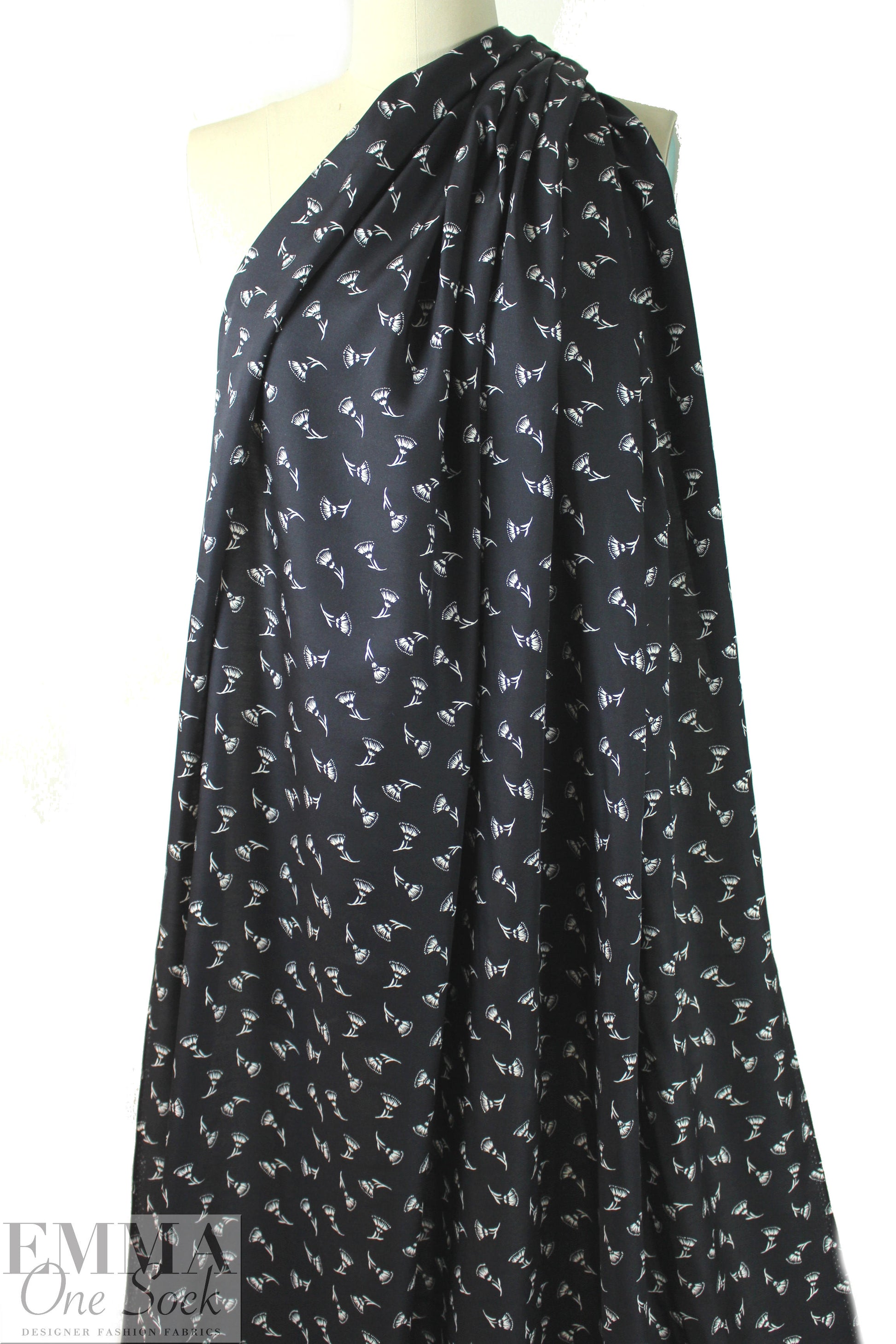 NY designer black with white flowers silk/viscose twill
