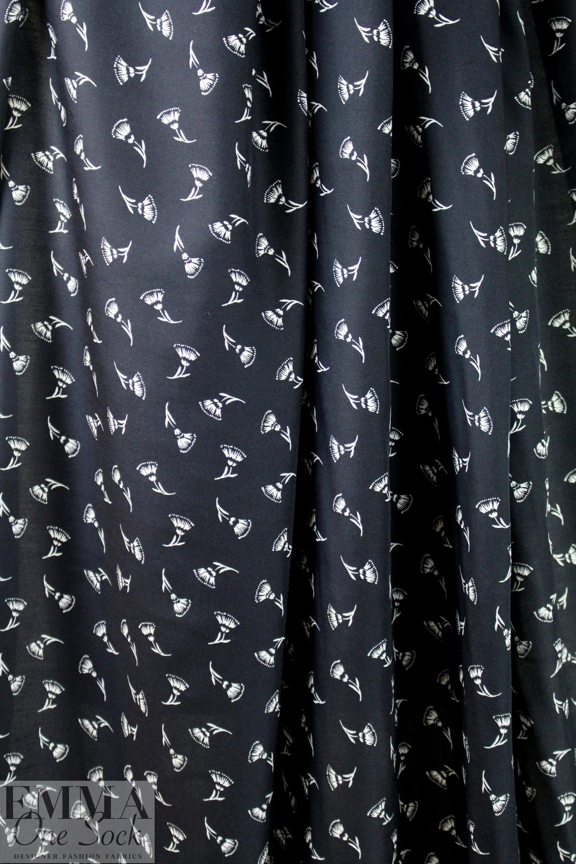 NY designer black with white flowers silk/viscose twill
