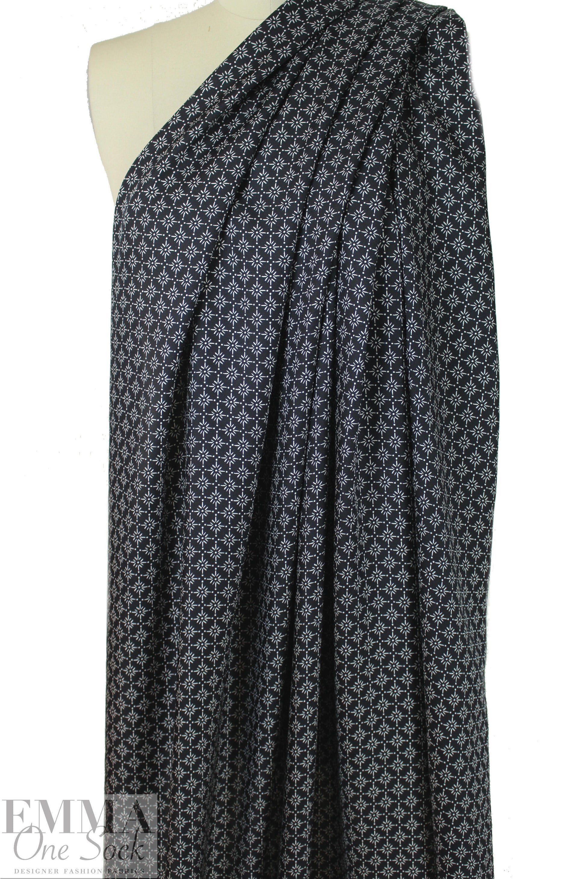 NY designer black with white star graphic silk/viscose twill