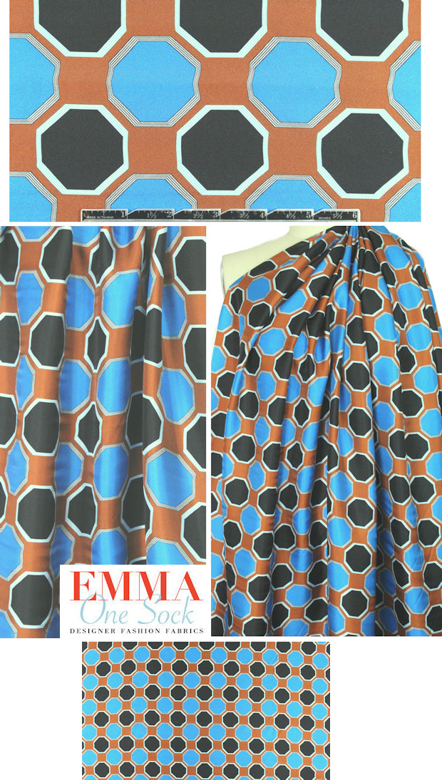 NY designer octagon graphic silk twill - copper/blue