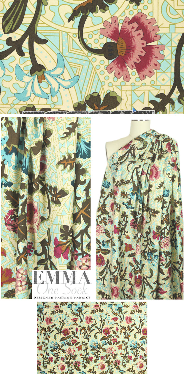 NY designer art deco floral silk twill
