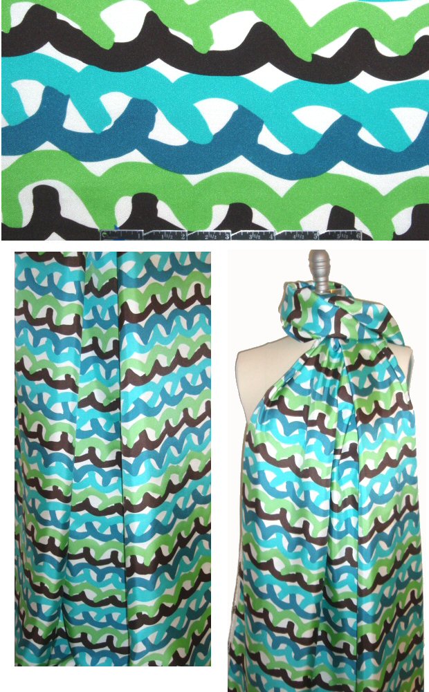 Italian teal/turq/lime wavy graphic silk twill 1.625 yd