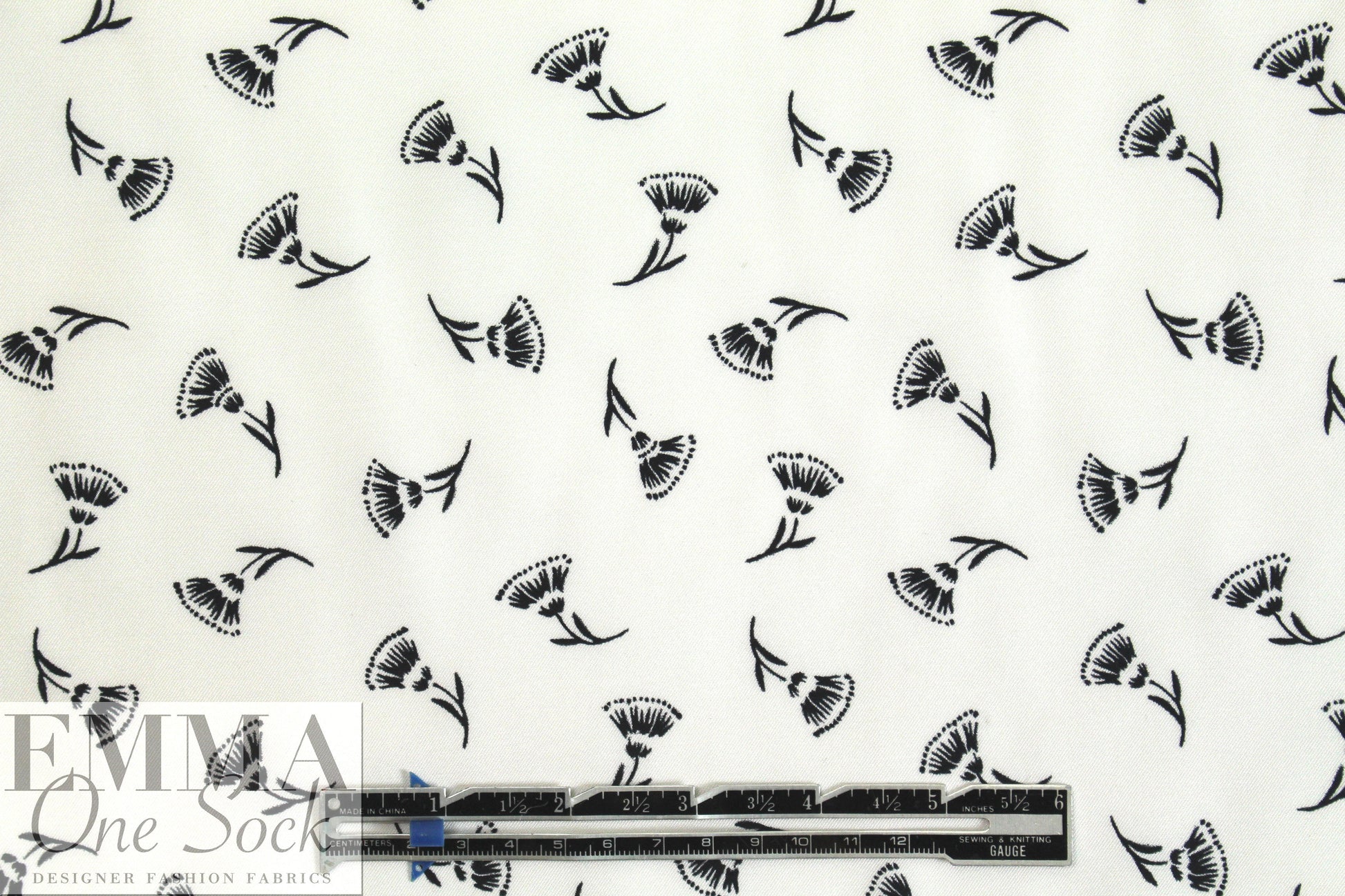 NY designer white with black flowers silk/viscose twill